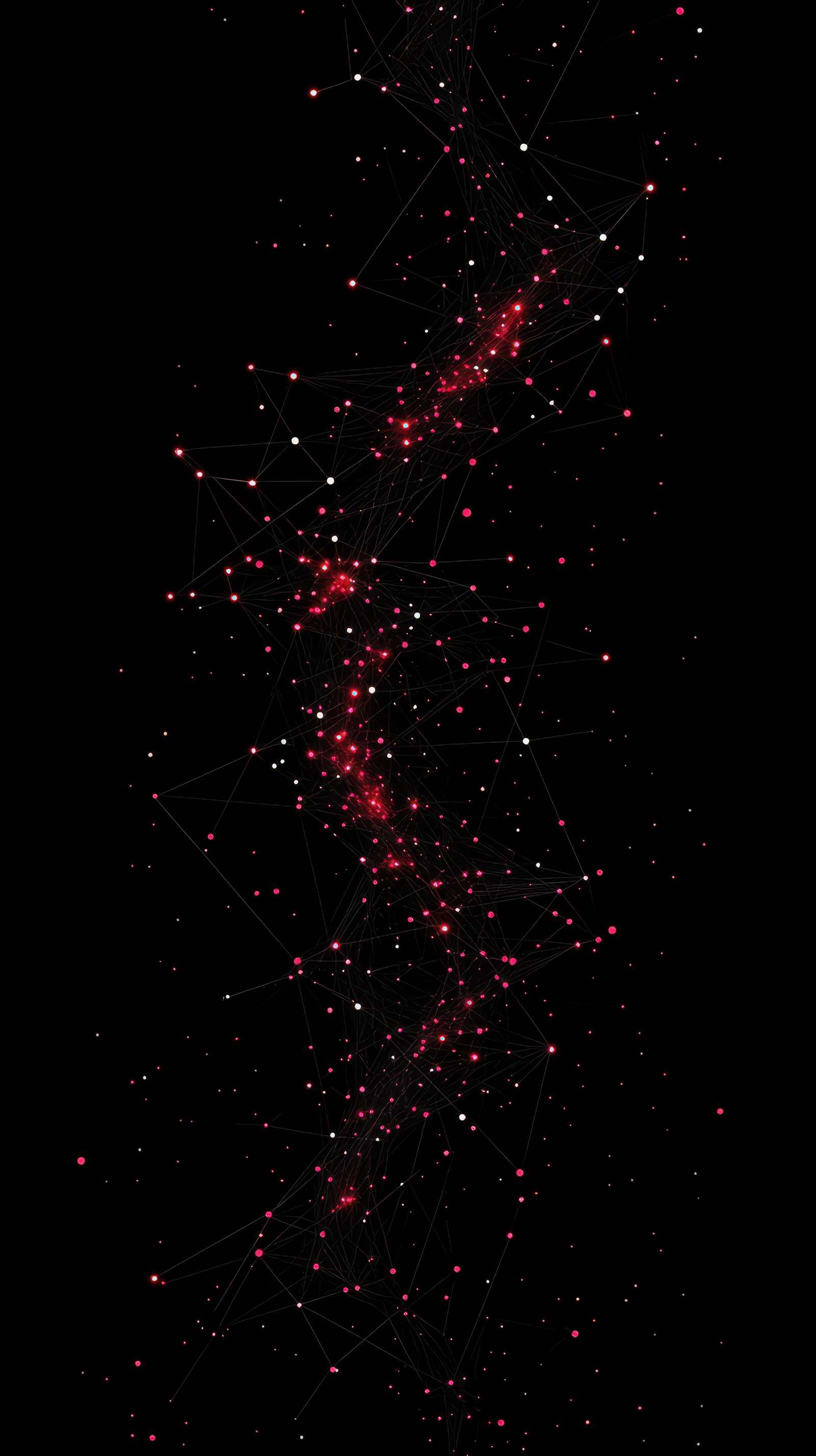 Visual representation of cosmic elements with vibrant red and white stars against a dark background